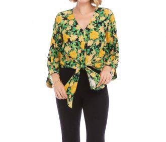 Karen Kane Blouson Sleeve Tie-Front Top In Floral Print