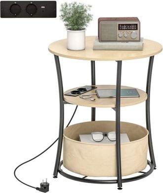 HOMCOM Homcom Mesa Auxiliar Redonda De 3 Niveles Con Estaci&oacute;n De Carga, 2 Estantes, Bolsa De Almacenaje, Para Sal&oacute;n, Dormitorio, &Oslash;50x55,1 Cm, Natural