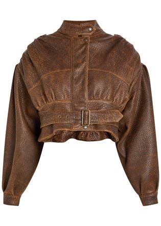 Chlo&eacute; Belted Grained Leather Cropped Bomber Jacket - Brown - 36 (UK8 / S)