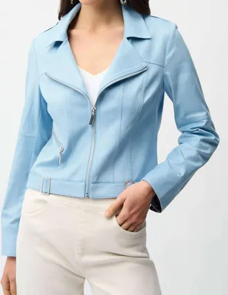Joseph Ribkoff Foiled Faux Suede Fitted Jacket With Decorative Buckles In Sky Blue