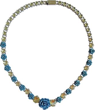 Prada Blue & Silver Floral Crystal Runway Necklace