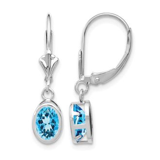 Diamond2Deal 14k White Gold 7x5mm Oval Blue Topaz Drop Dangle Earrings