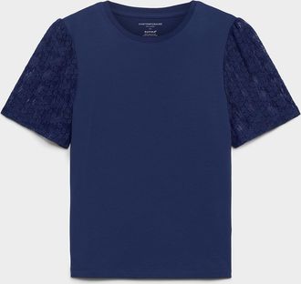 Contemporaine Womens Lace puff-sleeve dual-material T-shirt