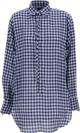 JEJIA Gingham Linen Shirt Dress with Fringed Collar