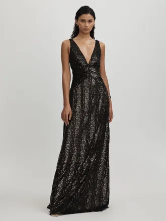 Halston Heritage Plunge Neck Maxi Dress, Black, 12