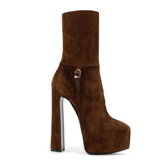 Saint Laurent Heeled Boots, female, Brown, Size: 9 1/2 US Suede Boots with Metal Buckle