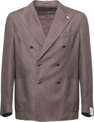 Lubiam Brown Herringbone Double-Breasted Wool Blazer
