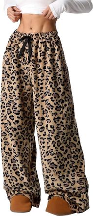 Generic Patterned Trousers for Women UK,Leopard Print Pyjamas Bottoms Women Flannel Pajama Pants Wide Leg Baggy Trousers Pattern Oversized Drawstring Hipster 