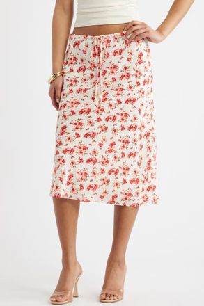 Open Edit Print Midi Skirt in Ivory- Pink Soft Hibiscus at Nordstrom, Size Xx-Small