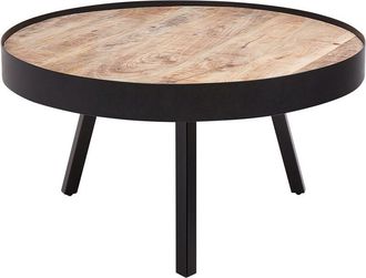 Beliani Coffee Table Light Wood Mango Tabletop Tripod Black Metal Base Raised Edges Tabletop WAKITA