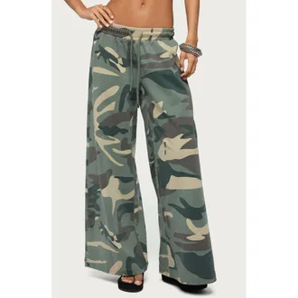 Edikted Allen Camo Wide Leg Sweatpants in Olive at Nordstrom, Size X-Small