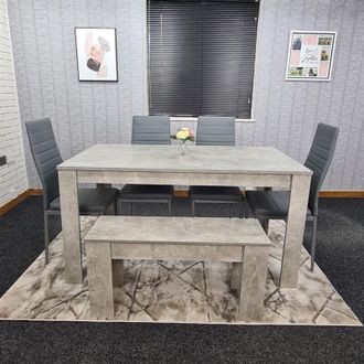 Kosy Koala Dining Table and 4 Chairs With Bench Stone Grey Effect Wood Table 4 Grey Leather Chairs Dining Room