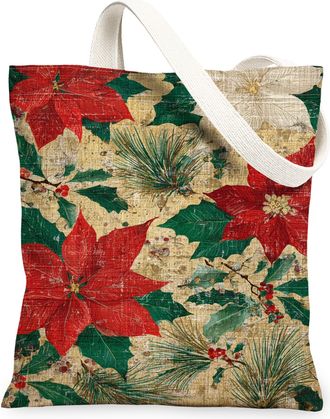 Generic Christmas Floral Canvas Tote Bags, Poinsettia Design Reusable Grocery Bags, Lightweight Washable Shoulder Strap Canvas for, Red, 13x15 Inch