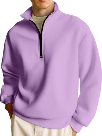 Generic Mens Half Zip Pullover Sweatshirt, Warm Fleece Lined Quarter Zip Jumper with Stand Collar, Casual Long Sleeve Top for Daily & Outdoor Wear Light Purpl