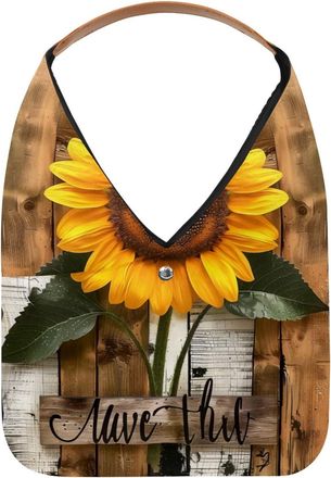 Generic Vintage Wood Board Sunflower Reusable Lightweight Grocery Bags - Foldable Into Compact Pouch, Washable & Sturdy, Multipurpose for Shopping and Travel