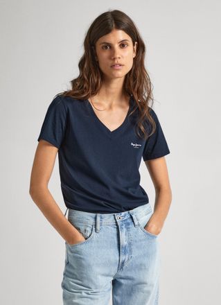 Pepe Jeans London V-Shirt PEPE JEANS LORETTE V-NECK, Damen, Gr. XS, blau (dulwich blau), Jersey, Obermaterial: 100% Baumwolle, regular fit, V-Ausschnitt, Shirts V-Shirt