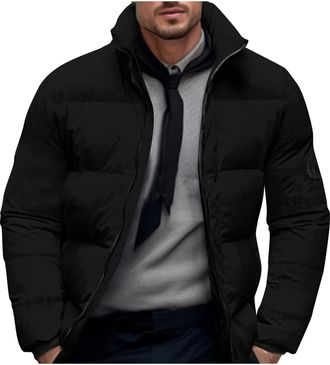 Generic Mens Puffer Jacket Winter No Hood Padded Coats Long Sleeve Fitted Quilted Jackets Plain Colour Zipped Coats Windproof Puffy Insulated Tops with Pocket