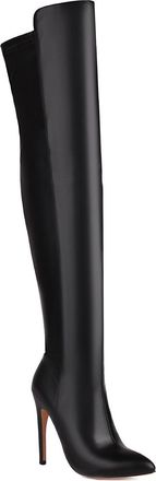 Generic Womens PU Leather Over The Knee Boots with Side Zipper Pointed Toe Thigh High Boots Stiletto High Heel Long Boot,Black,8.5 UK