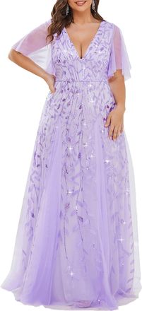 Ever-pretty Women Plus Size Evening Dress Sequins Floor Length Short Sleeves Light Purple 24