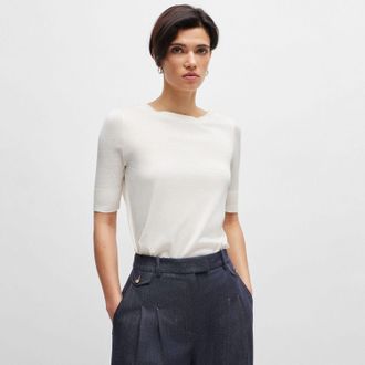 HUGO BOSS Damestop Boss Eleanza Korte Mouw Zijden Top in Wit