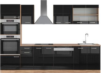 Vicco Mueble De Cocina R-line, Roble Negro/dorado De Alto Brillo, 300 Cm Con Armario Alto, Et Roble