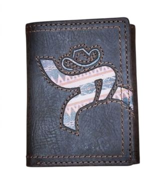 Hooey Mens Strap Roughy Laser Cut Hands Up Leather Trifold Wallet With Aztec Inlay In Brown