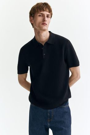 H&M Regular Fit Textured-knit Polo Shirt in Navy Blue at Nordstrom, Size X-Large