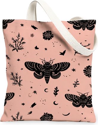 Generic Butterfly Canvas Tote Bags, Floral Nature Print Reusable Grocery Bags, Spring Vintage Lightweight Washable Shoulder Strap C, Peach, 13x15 Inch