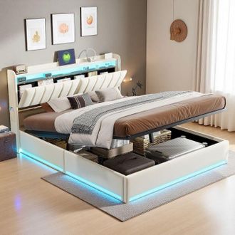 OEM Cama Lit 140x190 Cm - Cama Doble 140x190 Cm Con Somier - Almacenamiento Hidr&aacute;ulico - Cama Para 2 Personas - Tejido De Terciopelo - Led - Moderno