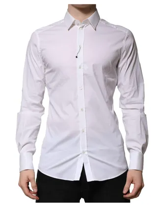 Dolce & Gabbana White Cotton GOLD Long Sleeves Formal Mens Shirt (Pre-Owned)