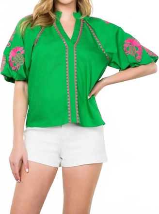 THML Clothing Embroidered Puff Sleeve Top In Green