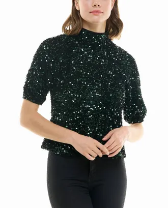 Nicole Miller Ava Velvet Sequin Short Sleeve Top In Emerald