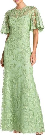 Mac Duggal Womens Flutter Sleeve Floral Emboridered Net Gown in Sage at Nordstrom, Size 16