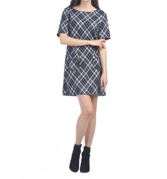 Papillon Plaid Short Sleeve Sweater Dress In Navy