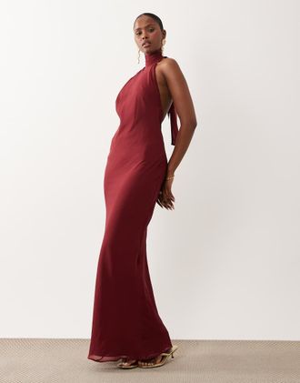 Asos Vestito lungo allacciato al collo color bacca-Rosso