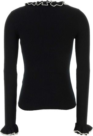 Valentino Garavani Womens Ruffled Crew Neck Virgin Wool Sweater Black