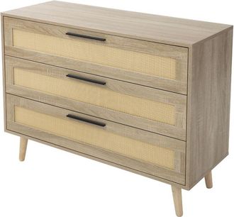 ML Design Ml-design C&oacute;moda R&uacute;stica De Madera Con 3 Cajones, 100x77x40 Cm Mueble De Dise&ntilde;o Minimalista Aspecto Roble Con Detalles En Rat&aacute;n, Armario Con Patas Par