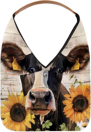Generic Cow Sunflower Wood Board Reusable Lightweight Grocery Bags - Foldable Into Compact Pouch, Washable & Sturdy, Multipurpose for Shopping and Travel