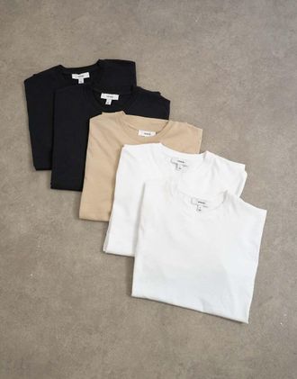 Topman confezione da 5 T-shirt vestibilit&agrave; classica in bianco, nero e pietra-Multicolore
