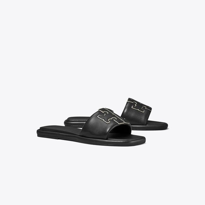Womens Double T Sport Slide in Black/Gold, size 3.5