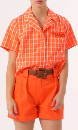 Exquise Embroidered Detailed Elastic Back Short Sleeve Cotton Shirt In Tangerine