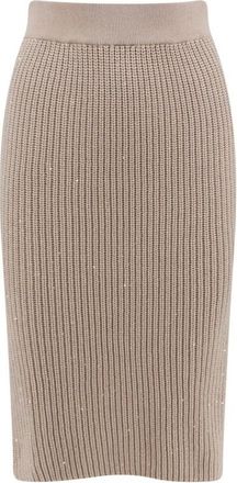 Brunello Cucinelli WomenS Beige Silk Wool Ribbed Knit Skirt, Size XL