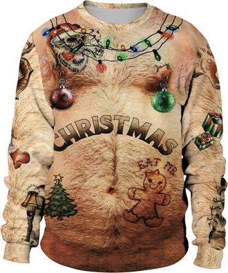 Generic Mens Hairy Chest Ugly Christmas Sweatshirts, Ugliest Sweater Ever, Holiday Xmas Pullover Khaki