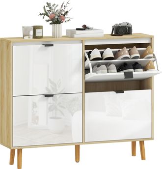 OEM Zapatero Estrecho Con 4 Puertas En Blanco Brillo Estantes Ajustables Patas De Madera Para 20 Pares De Zapatos