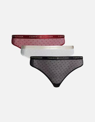 Tommy Hilfiger Womens 3-Pack Polka Dot Mesh Thongs Gift Set, Ivory/Rouge/Black - Size: 10