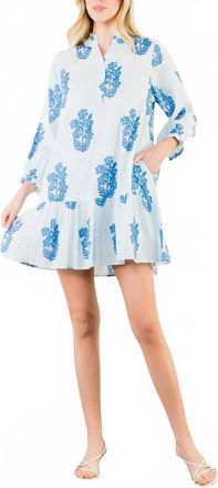 THML Clothing Blockprint Cotton Tiered Dress In Blue Floral