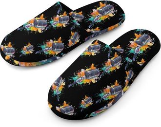 Generic Microphone Colorful Splashes Flannel Mens Slip-on Slippers Winter Warm House Shoes with Rubber Sole for Home Hotel
