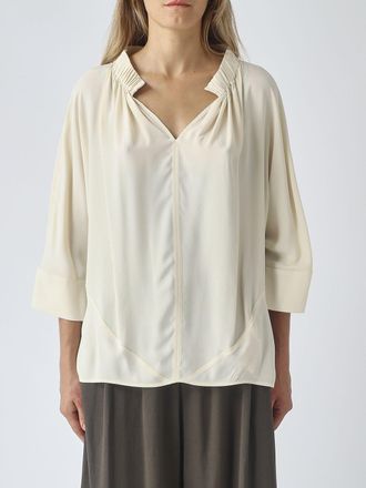 Meimeij V-Neck Silk Blend Blouse with Long Sleeves and Dropped Shoulders