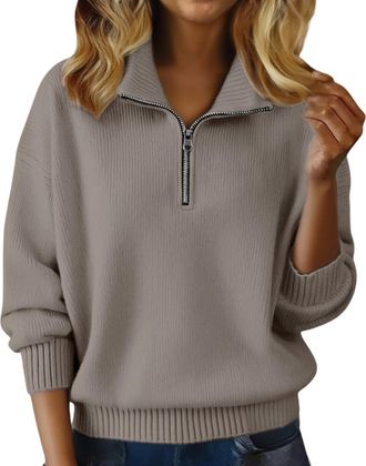 Generic Half Zip Sweatshirt Women Cashmere Jumpers Ladies Cosy UK Half Zip Polo V Neck Cozy Knit Sweaters Wool Sweatshirts Thermal Warm Tunic Fleece Tops Fall