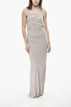 Bernadette Bare-Back Silk Slip Dress with Pearls Bernadette